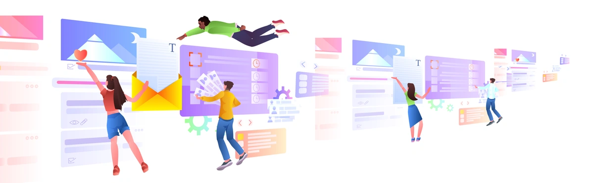 A vibrant illustration showcasing individuals interacting with oversized, abstract interface elements. The artwork symbolizes various digital interactions or online activities such as liking content, organizing data, and multimedia management.
