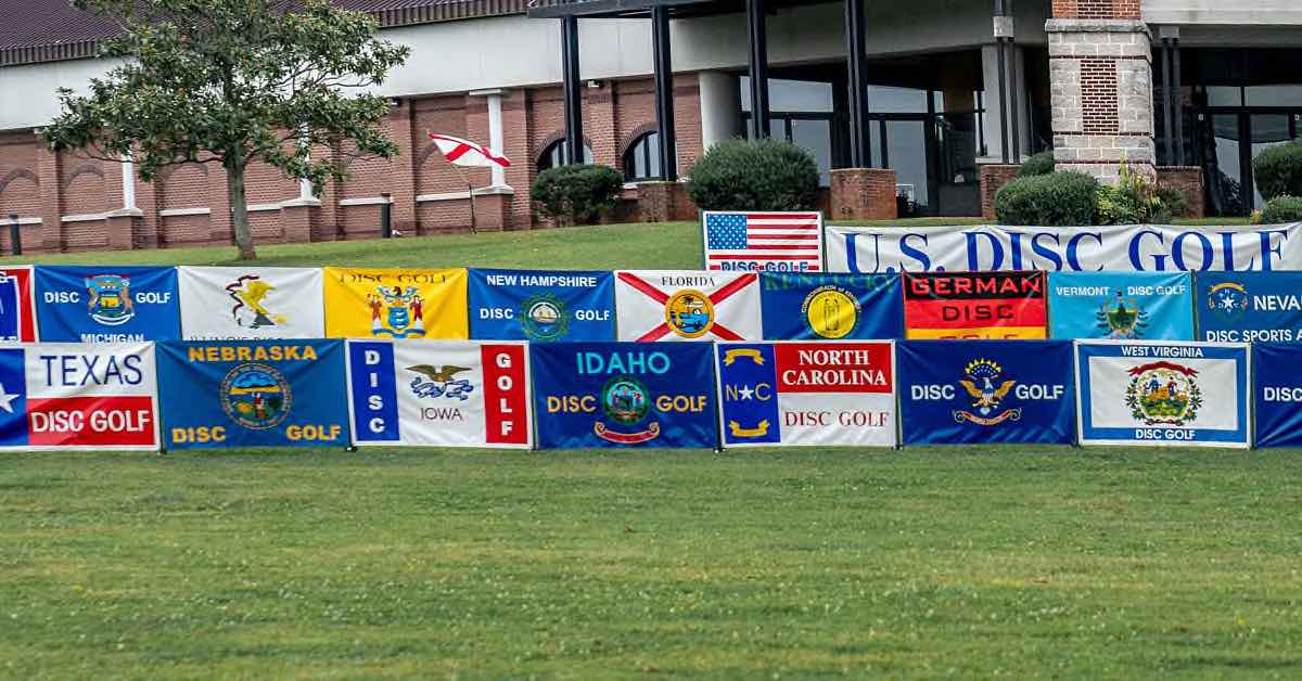 Various state flags that say "disc golf" on them