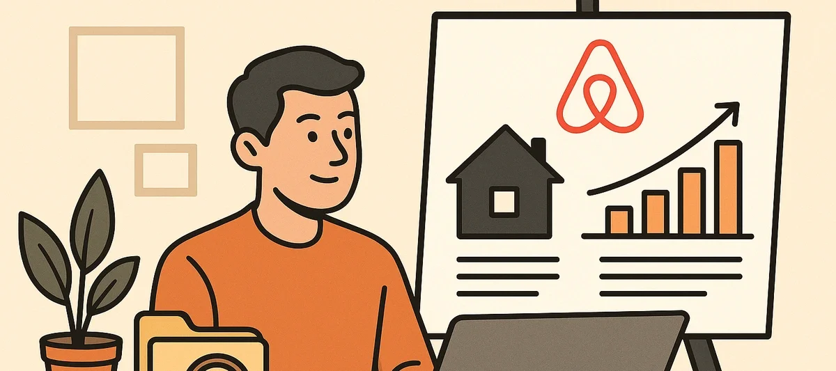 Illustration of an investor researching turnkey Airbnb properties for sale, reviewing a laptop and a presentation board with a house icon and rising ROI chart.