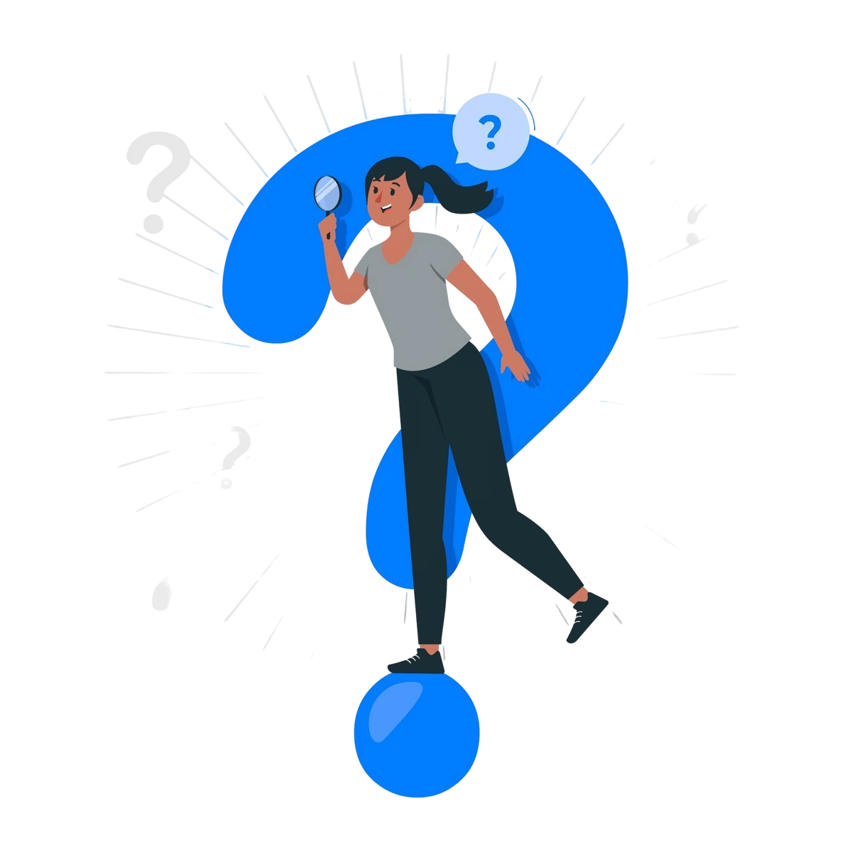 Illustration of a woman holding a magnifying glass, exploring a large question mark.