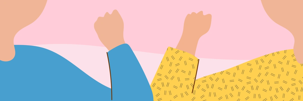 A minimalistic illustration showing two raised fists in front of abstract shapes, possibly representing empowerment or solidarity.