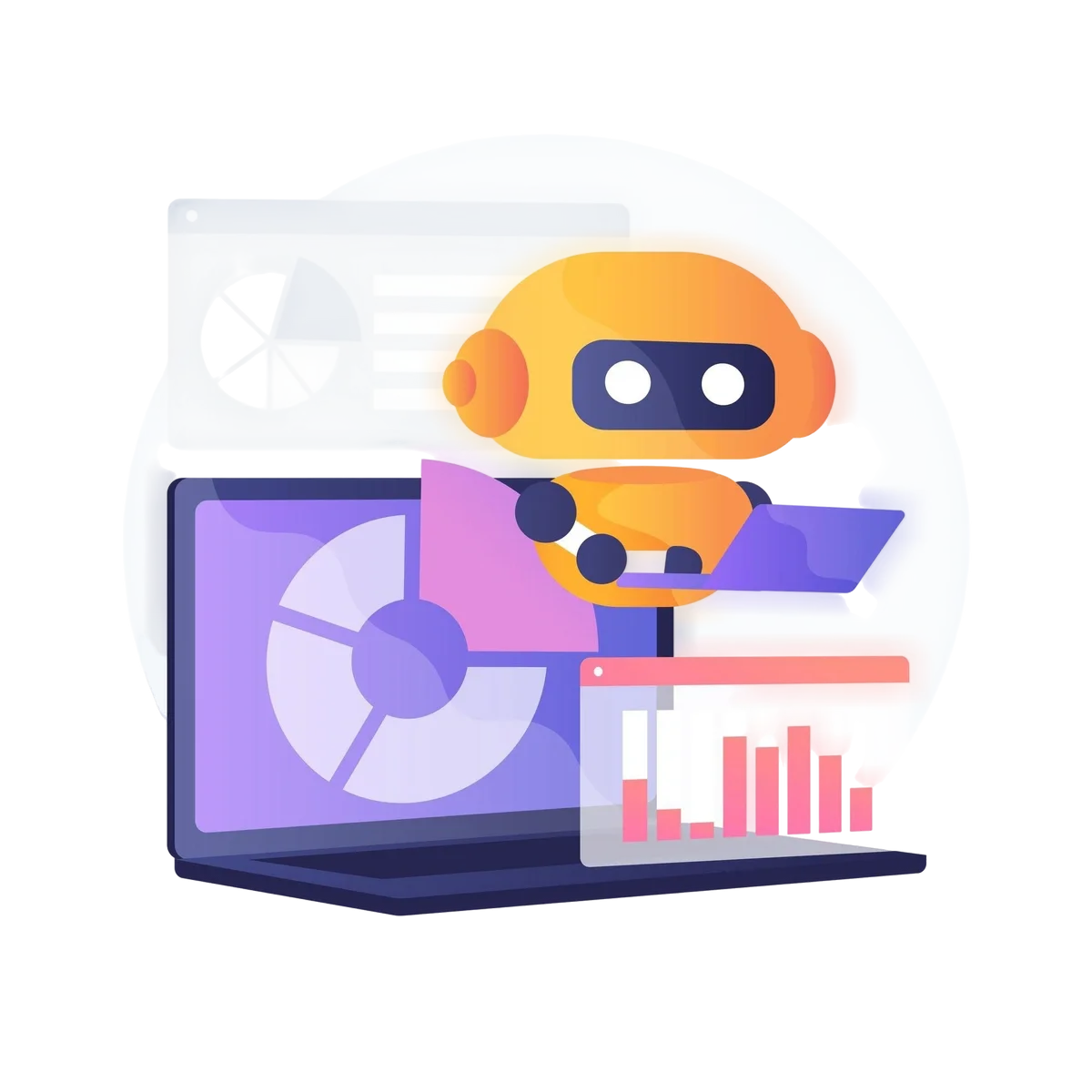 Robot analyzing data on a laptop screen with charts and graphs representing AI analytics.