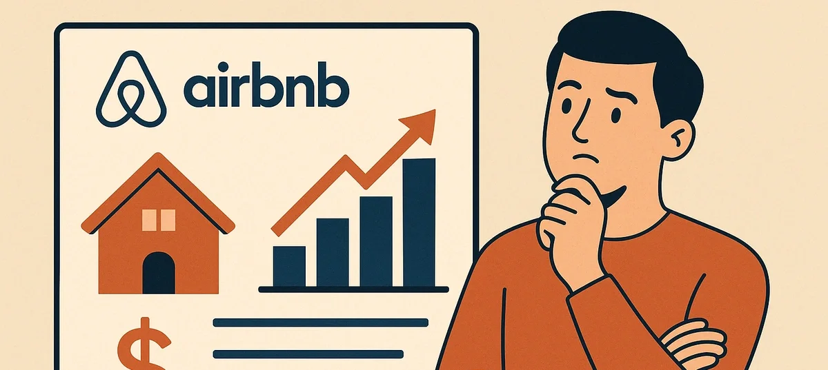 Illustration of an investor analyzing Airbnb profitability data, with charts, a house icon, and the Airbnb logo on a presentation board.