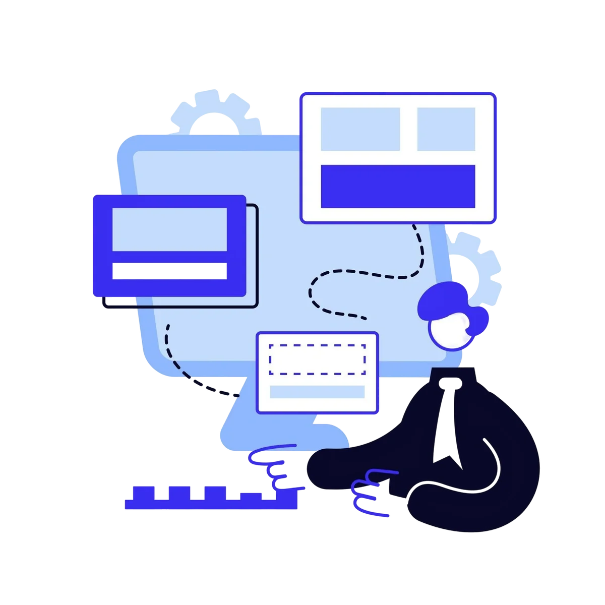 Illustration of a person sitting near a large computer screen with multiple interface windows representing optimization or workflow design.