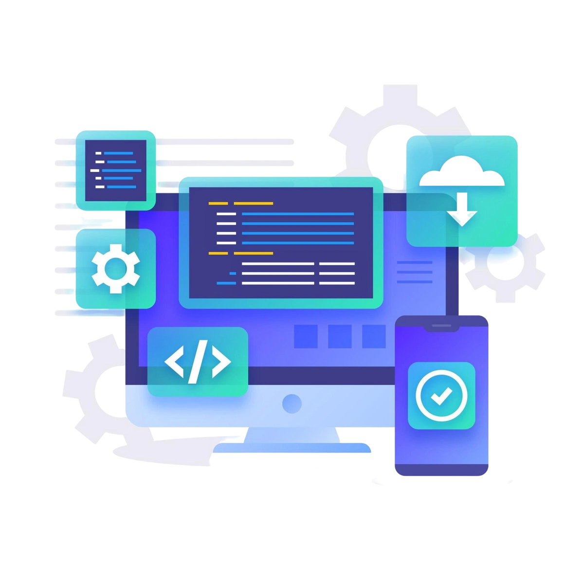 Illustration of app development on desktop and mobile with code and gear icons.