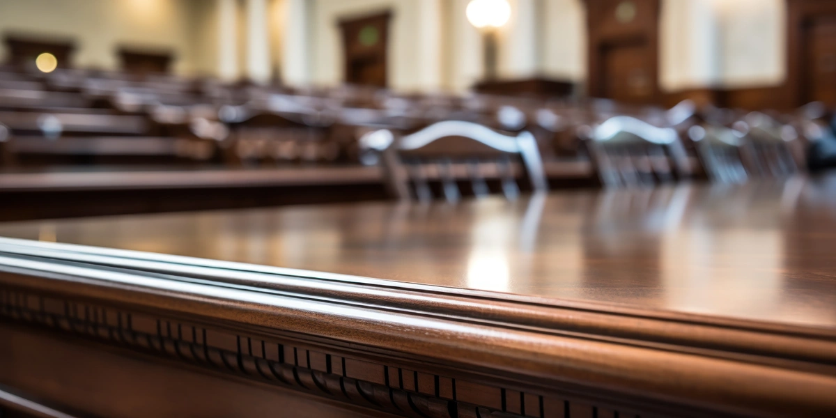 A deserted courtroom with wooden chairs arranged neatly and an empty judge's table, highlighting the solemn and formal atmosphere of the judicial setting