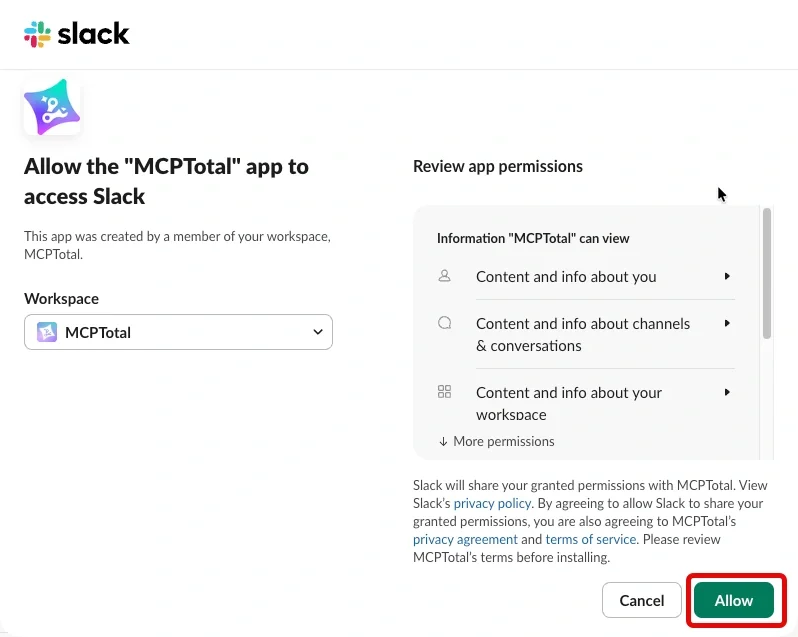 The allow app access to Slack page shows details of the workspace being connected to and a list of app permissions requested by MCPTotal. The allow button is highlighted