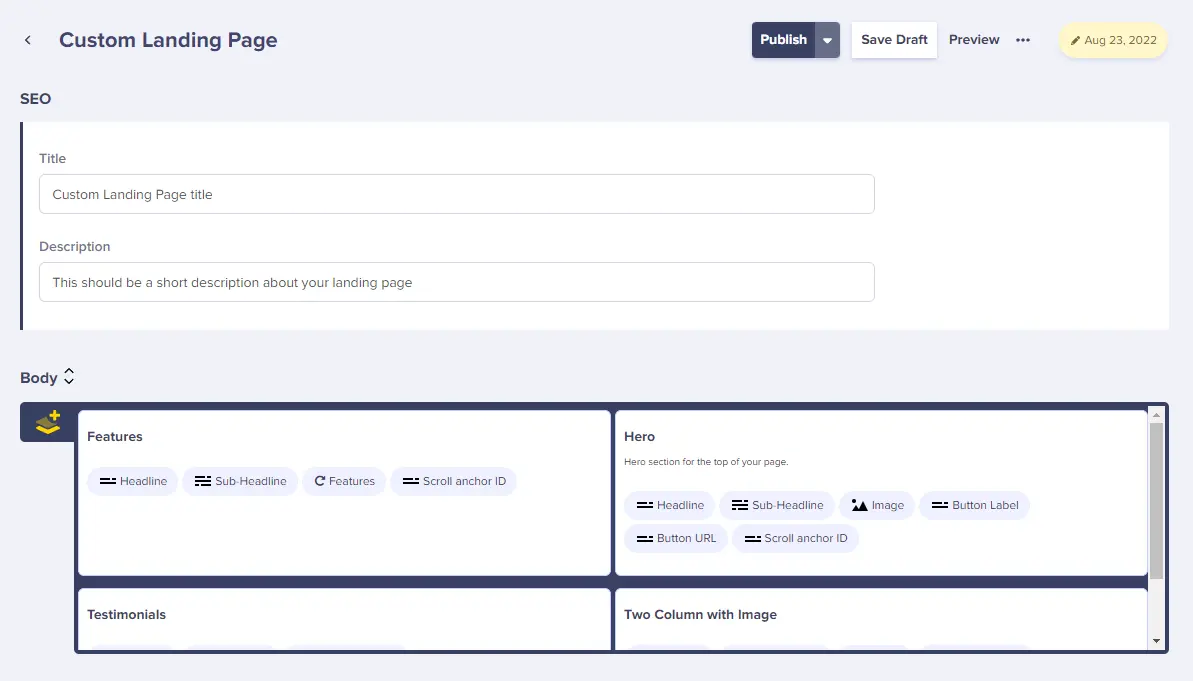 Adding components to our landing page using the component picker