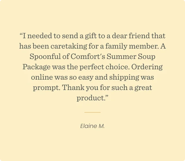 Customer testimonial quote from Elaine praising Spoonful of Comfort, describing the soup as comforting, delivery as fast, packaging as cheerful, and saying they plan to send it again—possibly to themselves.