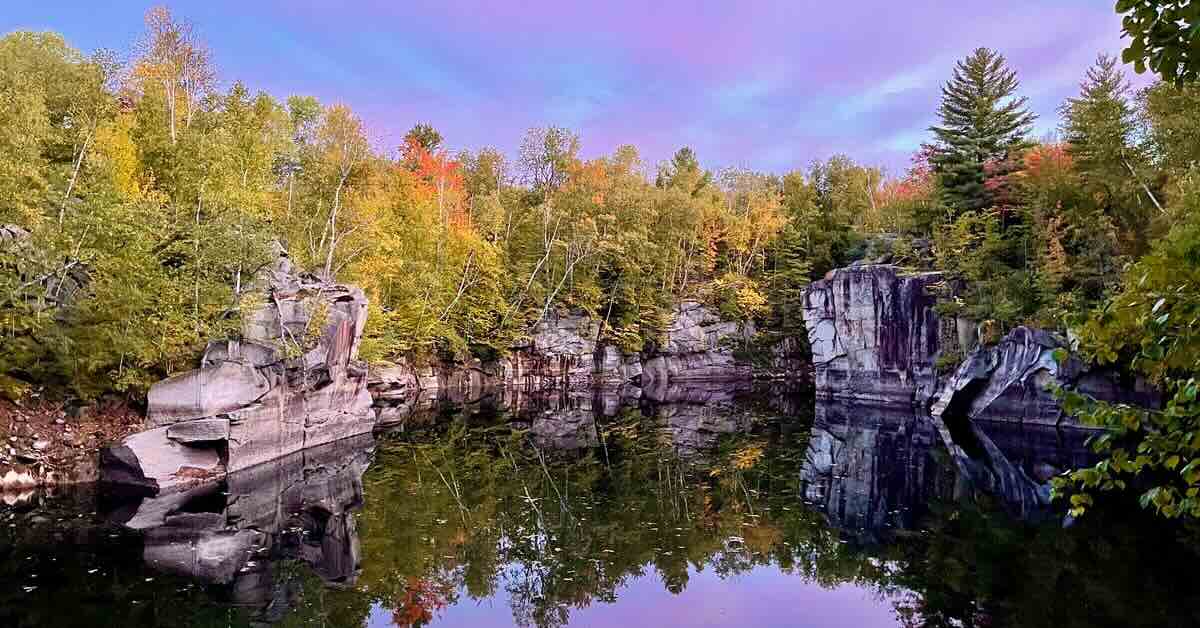A small lake with exposed rock emerging from it surrounded by trees