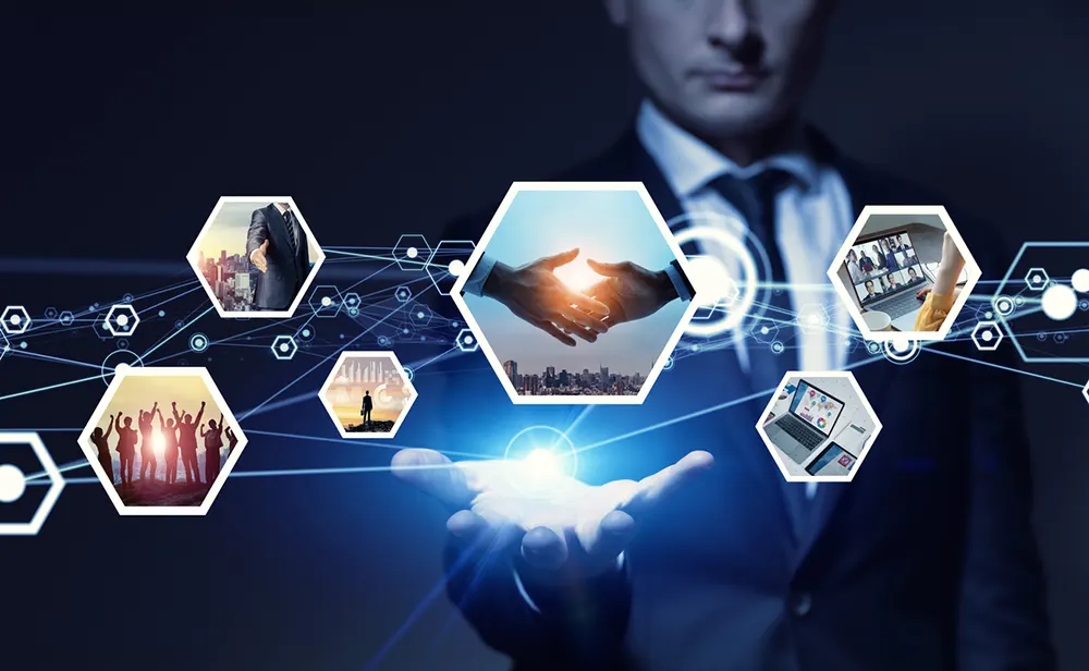 person holding out hand with hexagon images of various interactions