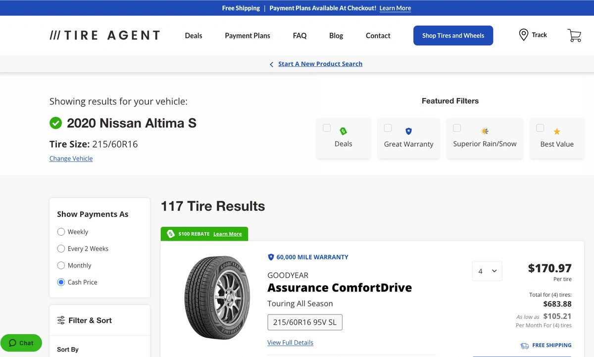 for a 2020 nissan altima, tire agent found 117 compatible tires