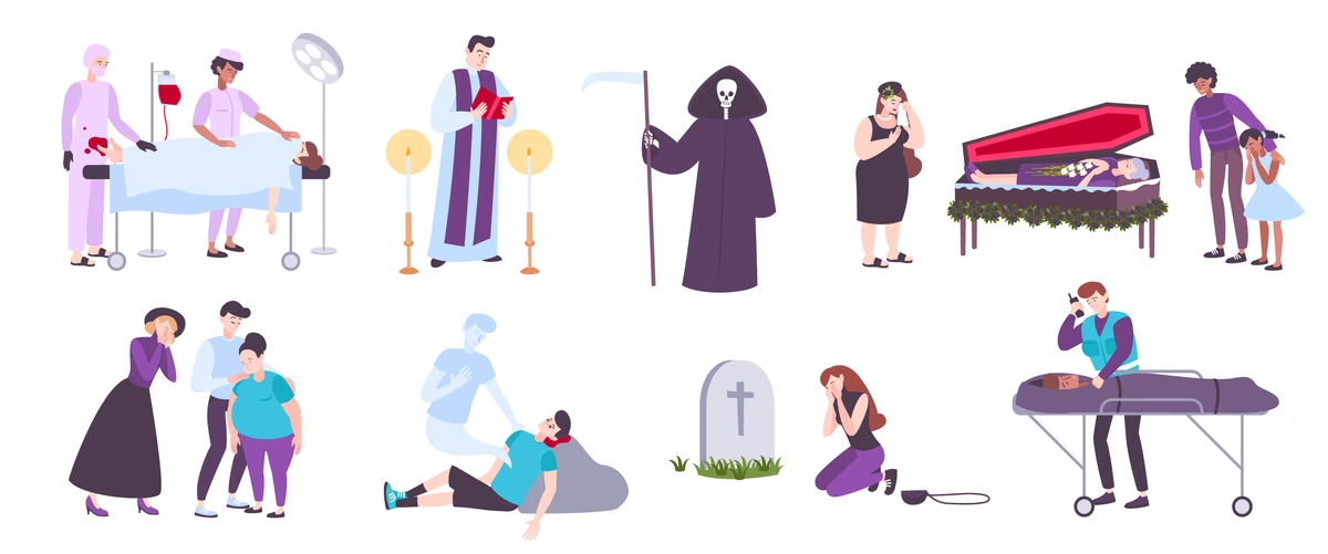 A set of illustrations depicting various scenes related to a funeral or mourning, including a figure with a scythe, a casket with mourners, and individuals expressing grief.
