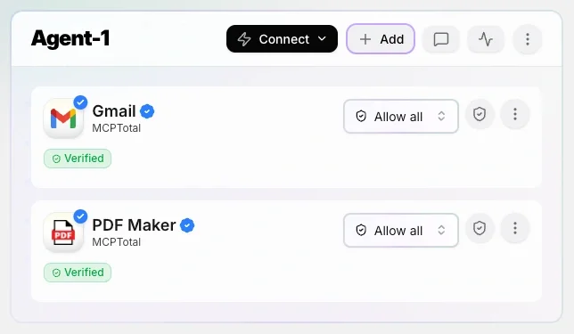 Screenshot shows the agent-1 space containing the Gmail and PDF Maker MCP servers.