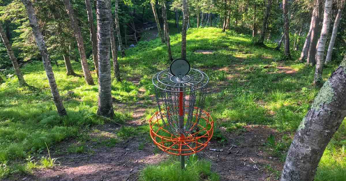 A basket above a steep drop to a creek through woods