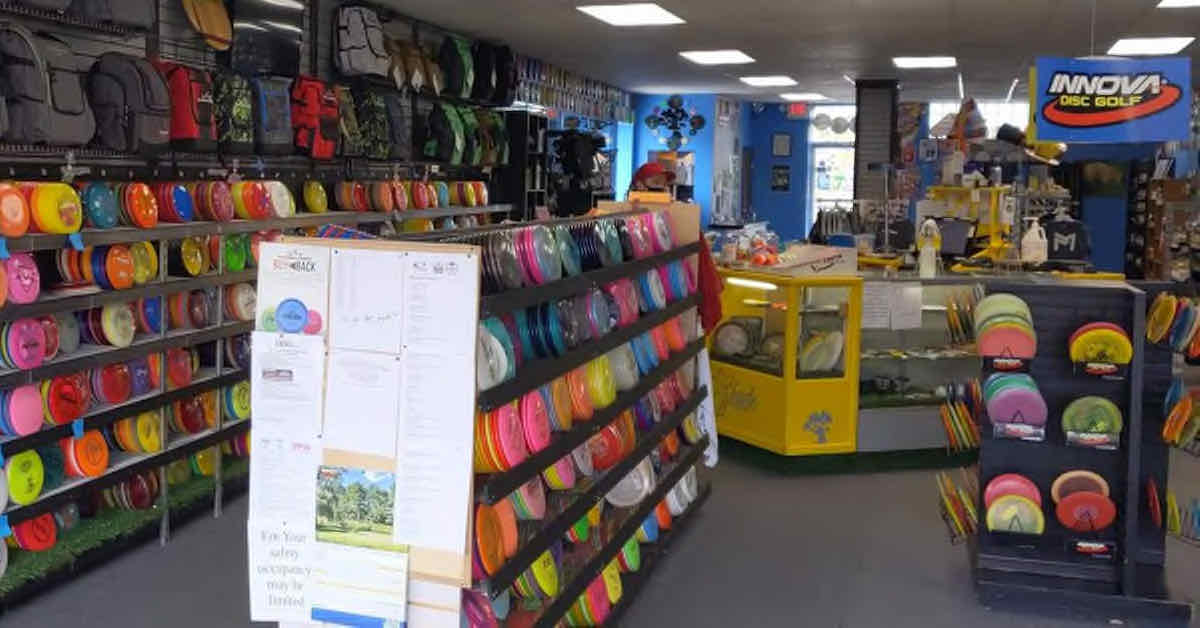 A store filled with disc golf equipment