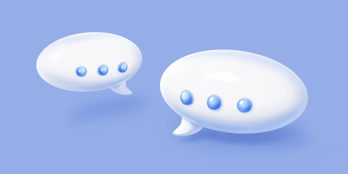 Two stylized speech bubbles with three-dimensional effects, likely representing online chatting, messaging, or conversation.