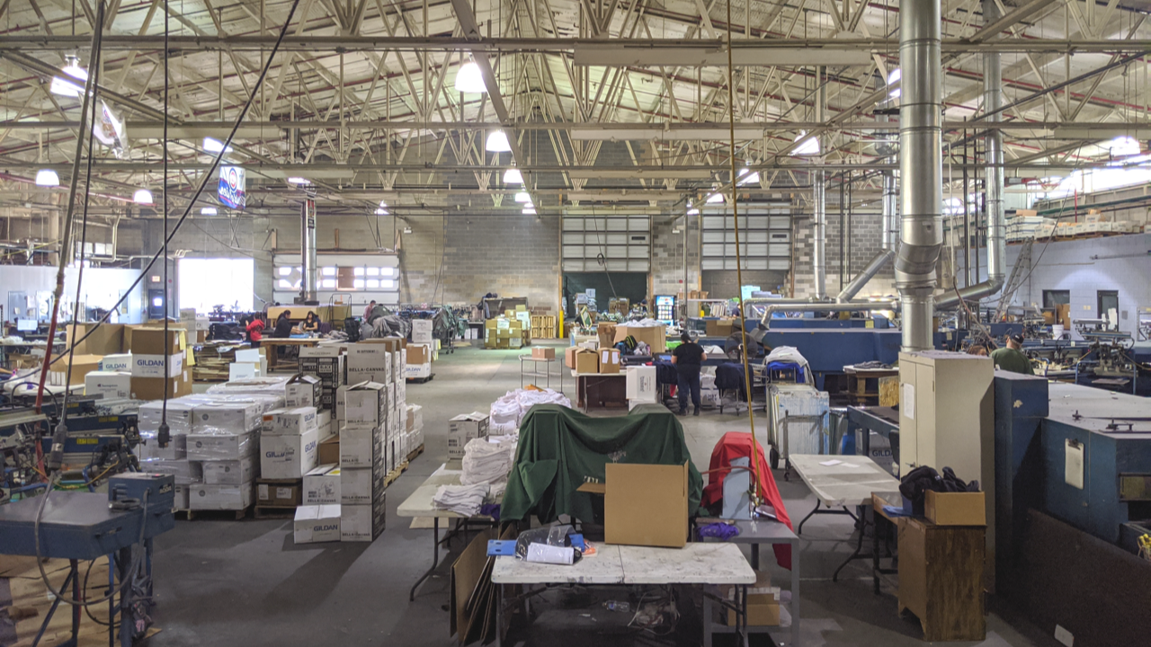 Overlooking Marathon Sportswear's massive screen printing production floor