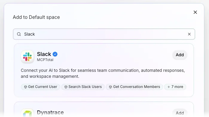 The catalog list pop-up to enable an app to be added to a space shows a search for Slack.