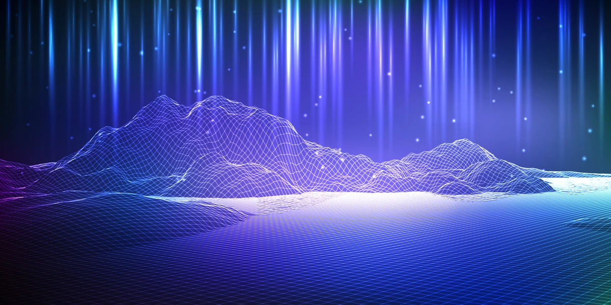 Wide-format digital artwork depicting a stylized 3D wireframe landscape, with mountains under a night sky illuminated by vertical beams of light, predominantly in shades of blue and purple.