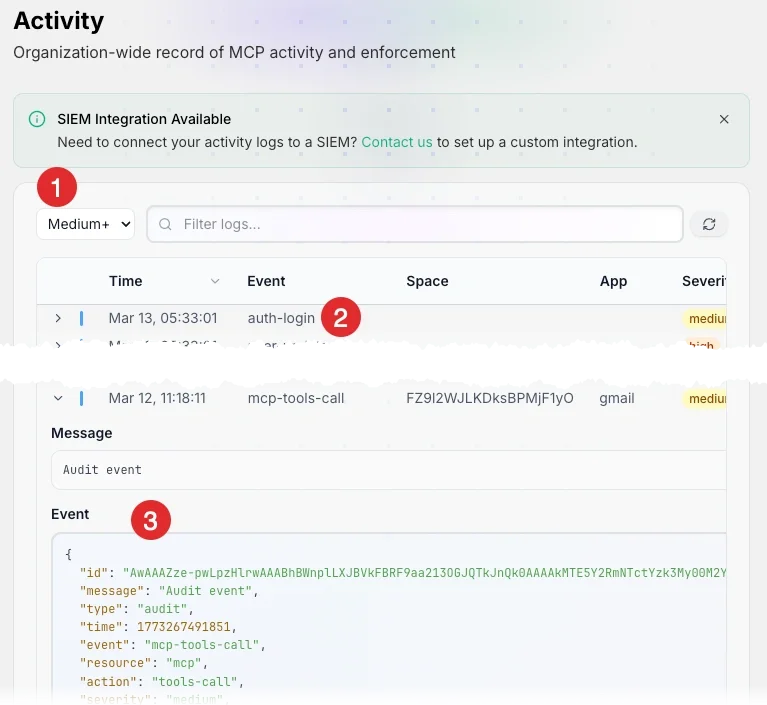 The Activity details list shows the severity filter and search, activity list, and expanded activity showing its message and event.