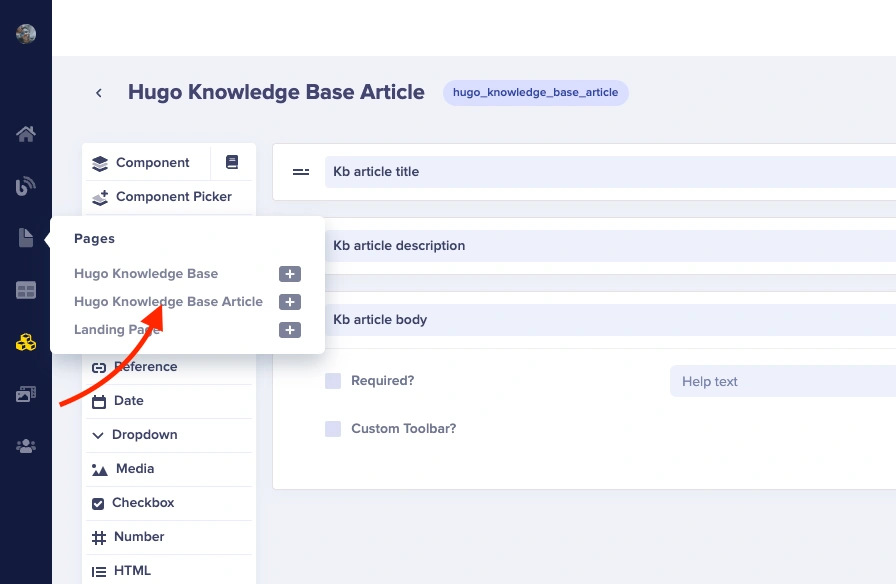 Select Hugo Knowledge Base Article from Pages menu