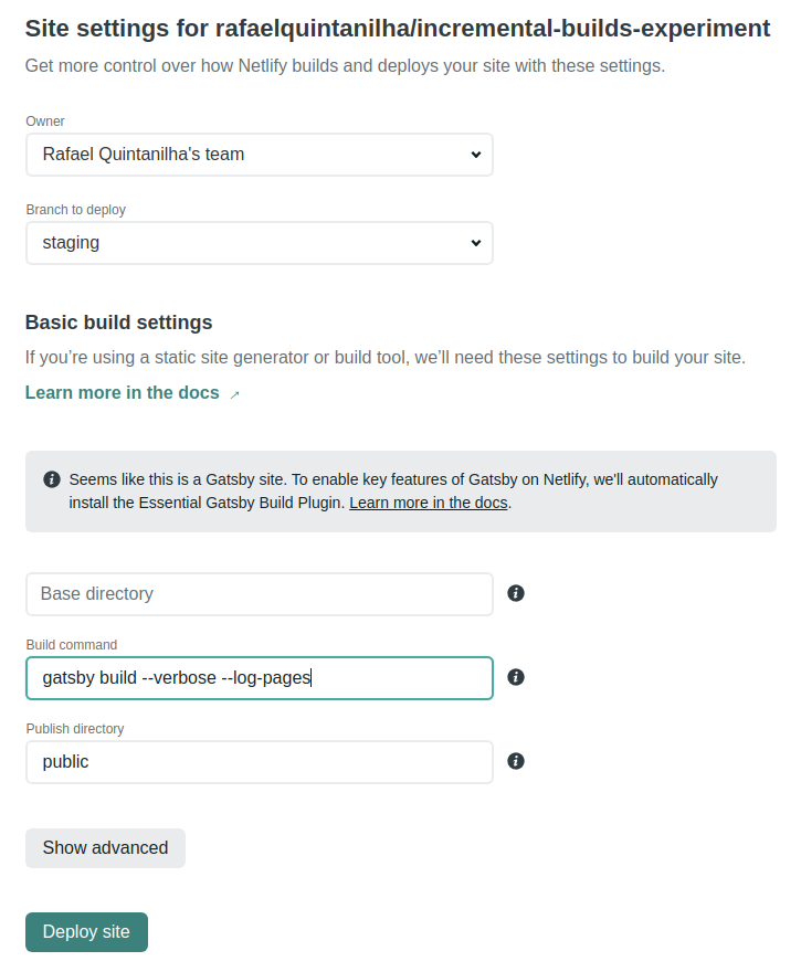 Screenshot: "Branch to deploy" configuration settings