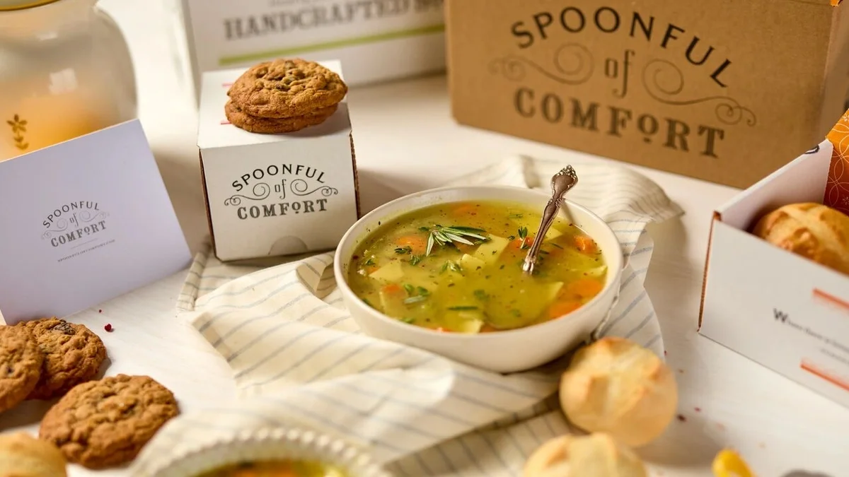 Bowl of chicken soup with carrots and herbs surrounded by rolls, cookies, Spoonful of Comfort packaging, and a greeting card.