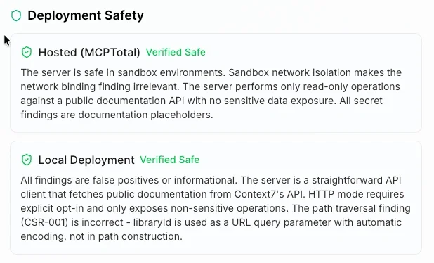 Details of deployment safety for hosted and local deployment, with descriptions for the verified status.