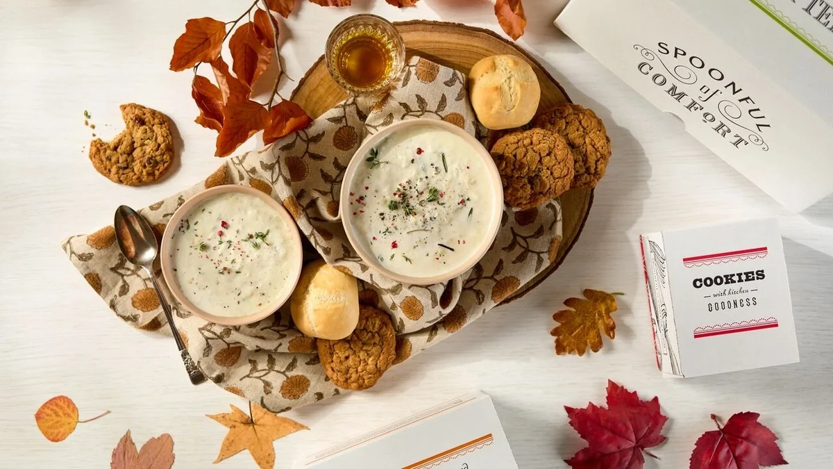 Two cozy bowls of potato soup rest on a wooden tray, surrounded by fall decorations and leaves.