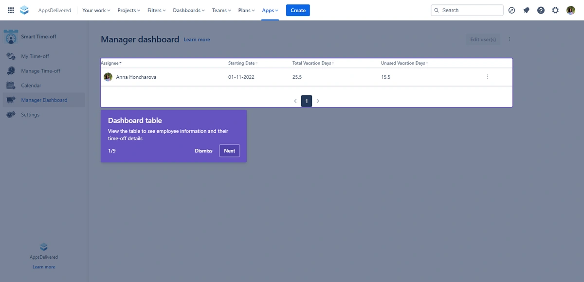 A manager's dashboard in a time-off management system, displaying a summary table of time-off data for different assignees.