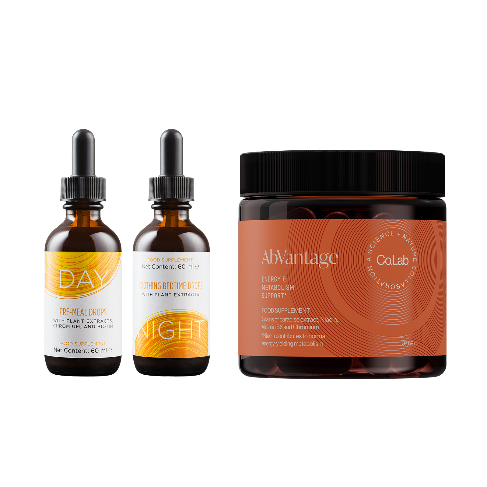 Abvantage & Drops on White Background