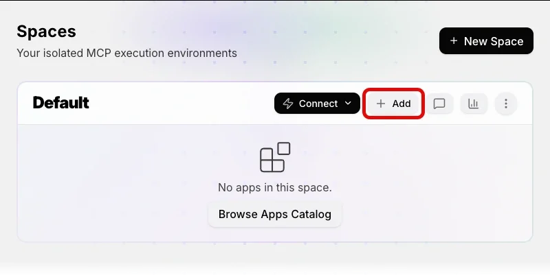 The Spaces page shows a space without any apps add highlights the add button.