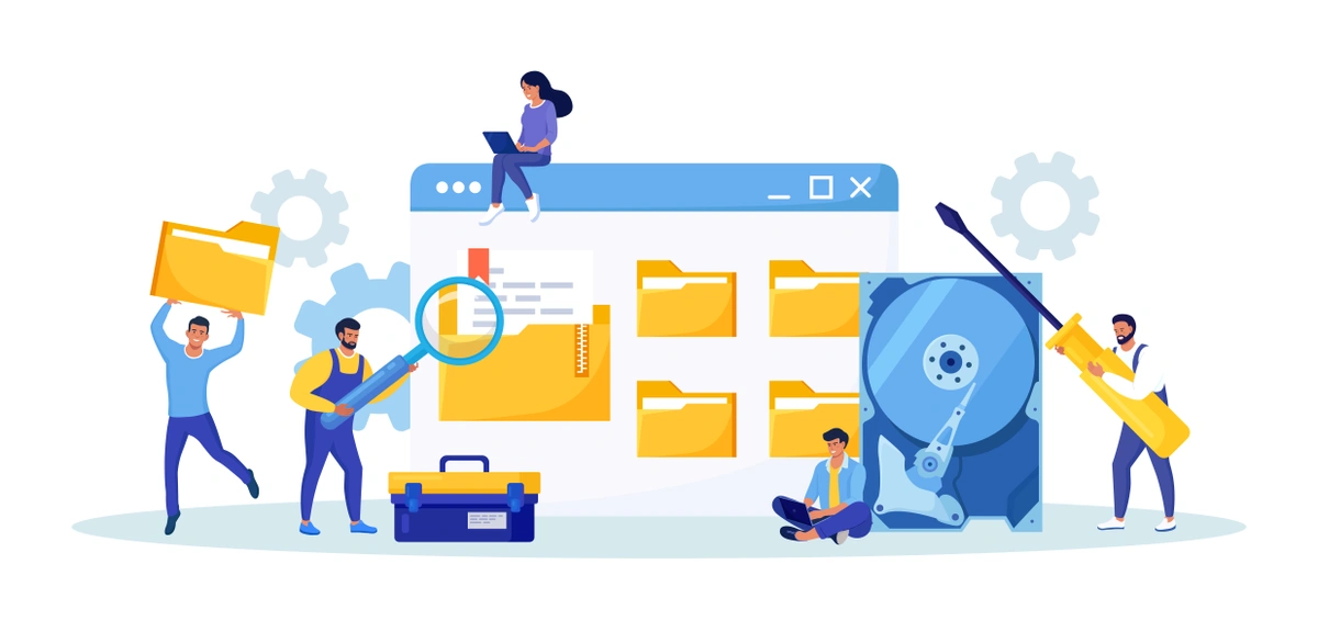 An illustration featuring a group of people interacting with a giant browser window and file folders, symbolizing teamwork in web development or digital organization.