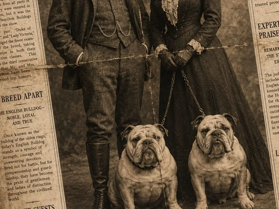 Victorian couple with two English Bulldogs on leashes in sepia vintage newspaper composite