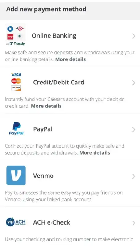 Caesars Casino Deposit Methods