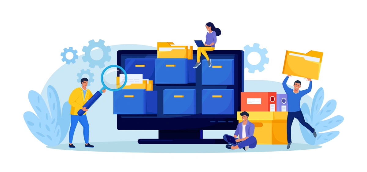 An illustration of a team interacting with a large computer monitor filled with folders, symbolizing data management or digital organization in a business context.