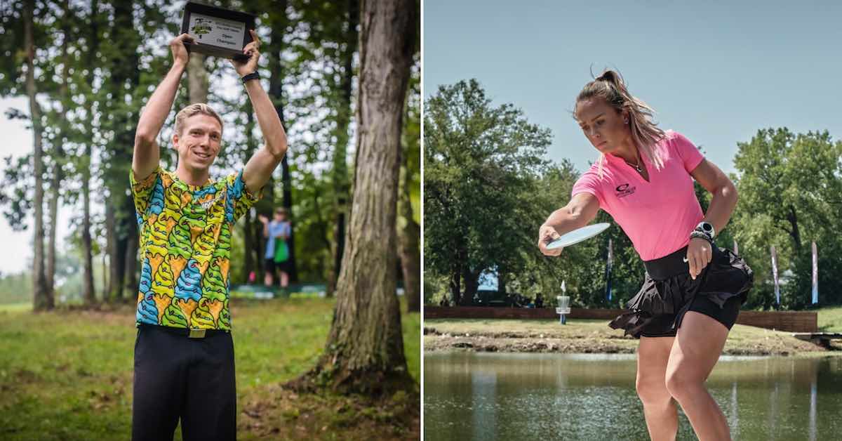 Two photos. Left: A man holding up a trophy and smiling. Right: A woman reaching back to throw a disc over water to a small island green.