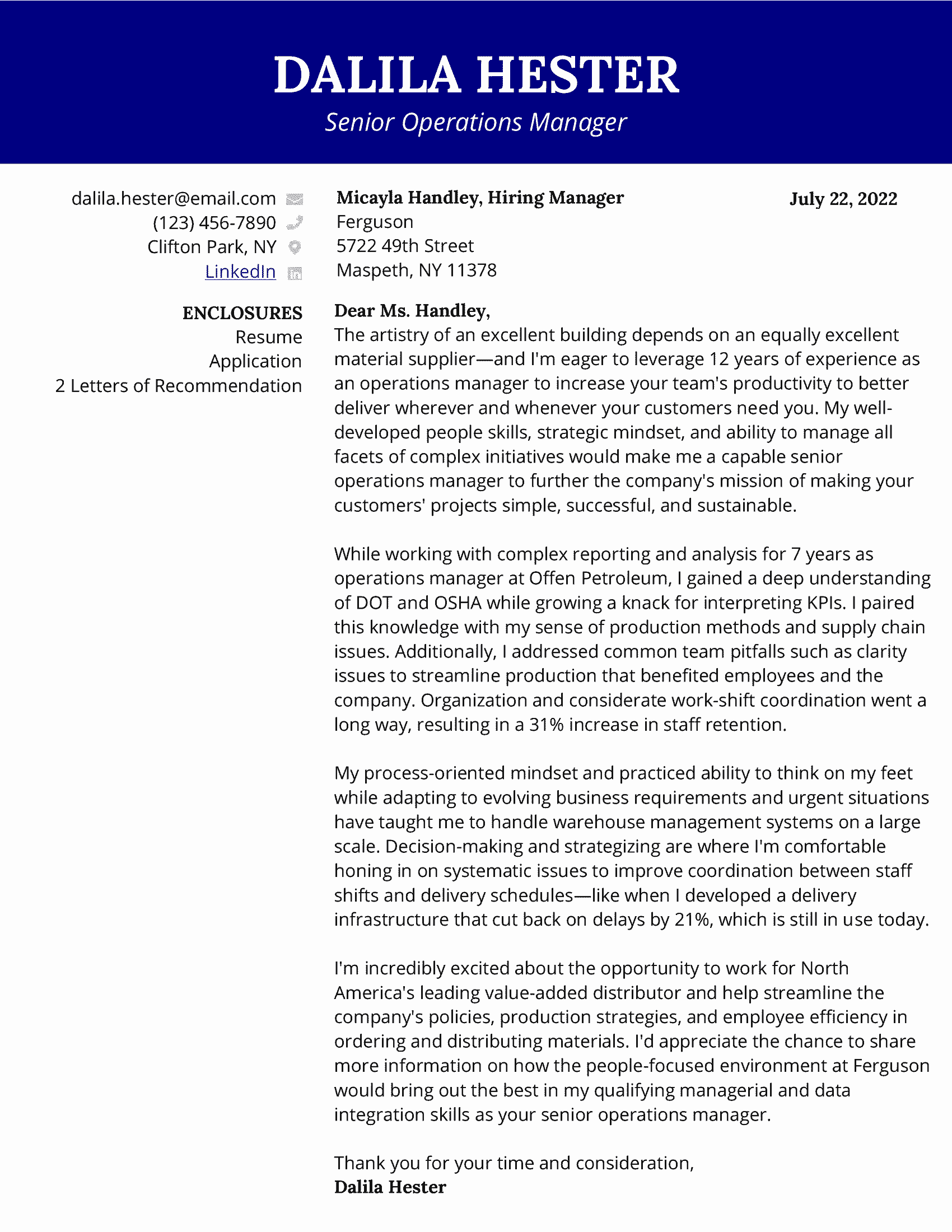 Senior operations manager cover letter example with blue contact header