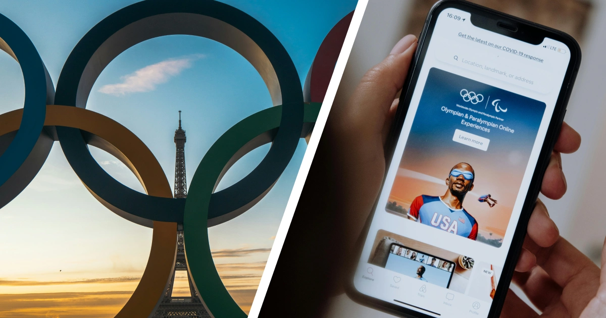 An Olympic app is shown in a split image with the Eiffel tower and Olympic rings on the left