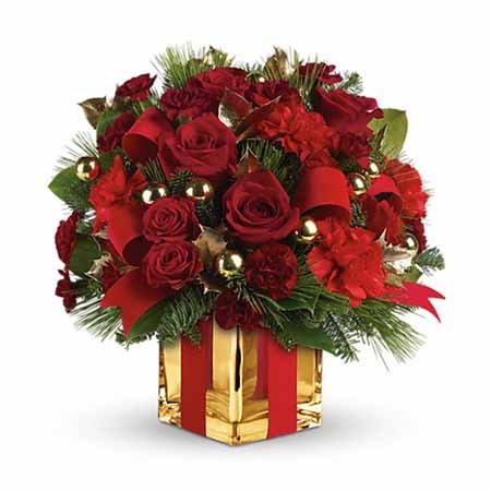 Christmas flowers gift delivery red roses gold present bouquet