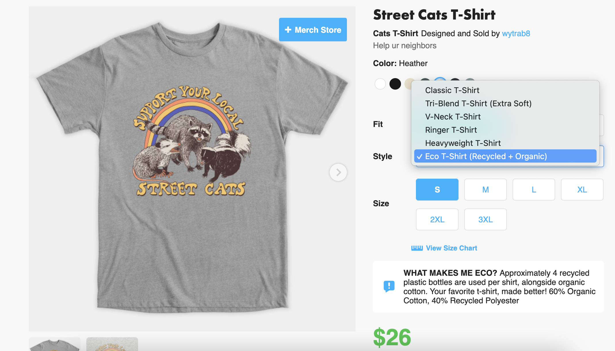 a TeePublic product page showing a gray t-shirt with a slogan, "Support your Local Street Cats," and a drop-down menu showing the eco/recycled tee, its colorways, fit, and sizing