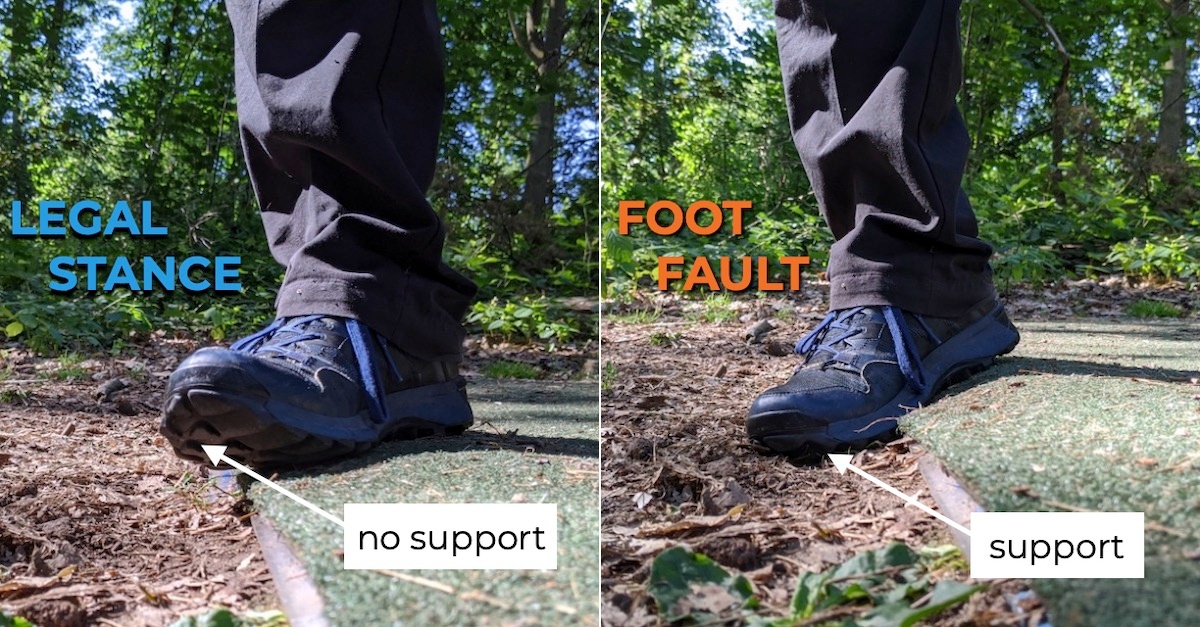 Two images, one of a foot overhanging an area beyond a tee pad and one touching the area beyond a tee pad