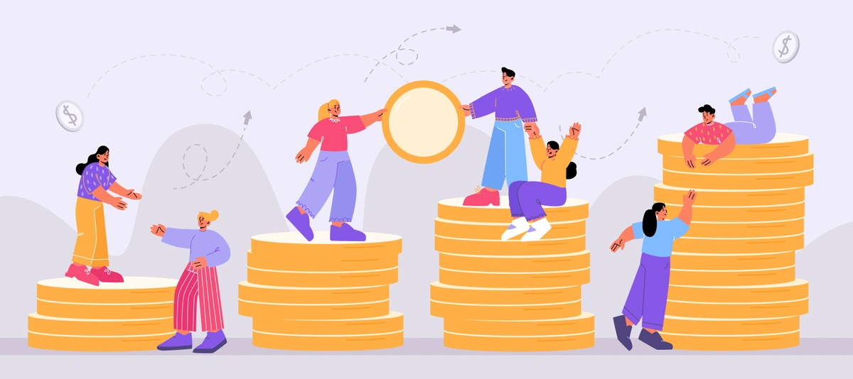 A vibrant illustration of diverse people standing on and interacting with large stacks of coins, symbolizing financial growth or investment.