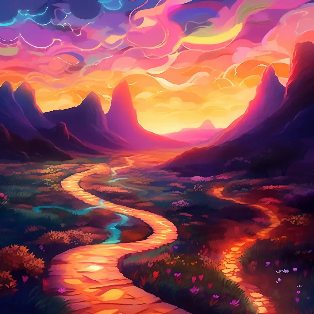 Vibrant digital painting of a winding path representing a customer journey, bathed in the soft glow of dawn, suggesting a promising start.