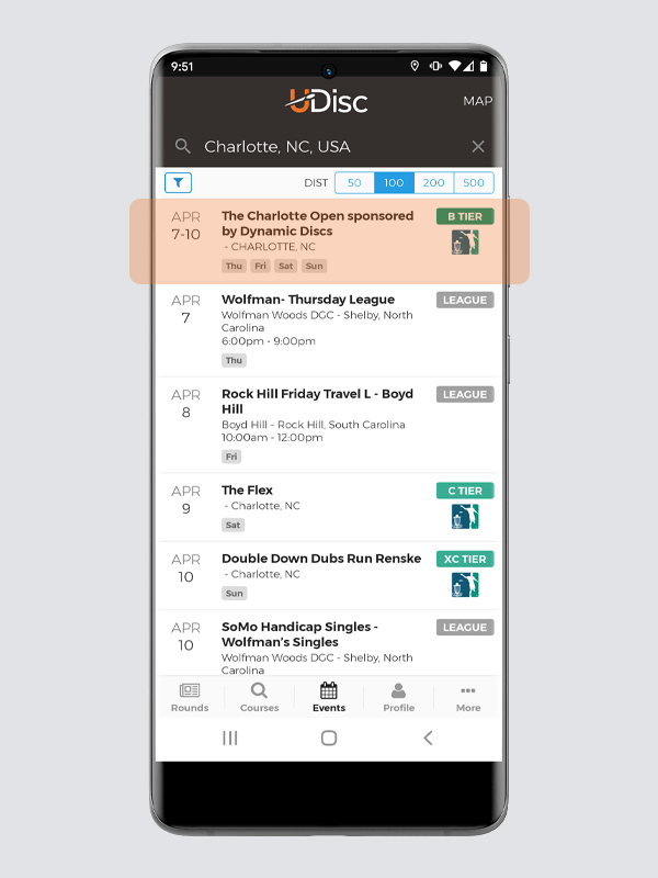 Events screen in in UDisc app for Charlotte, NC