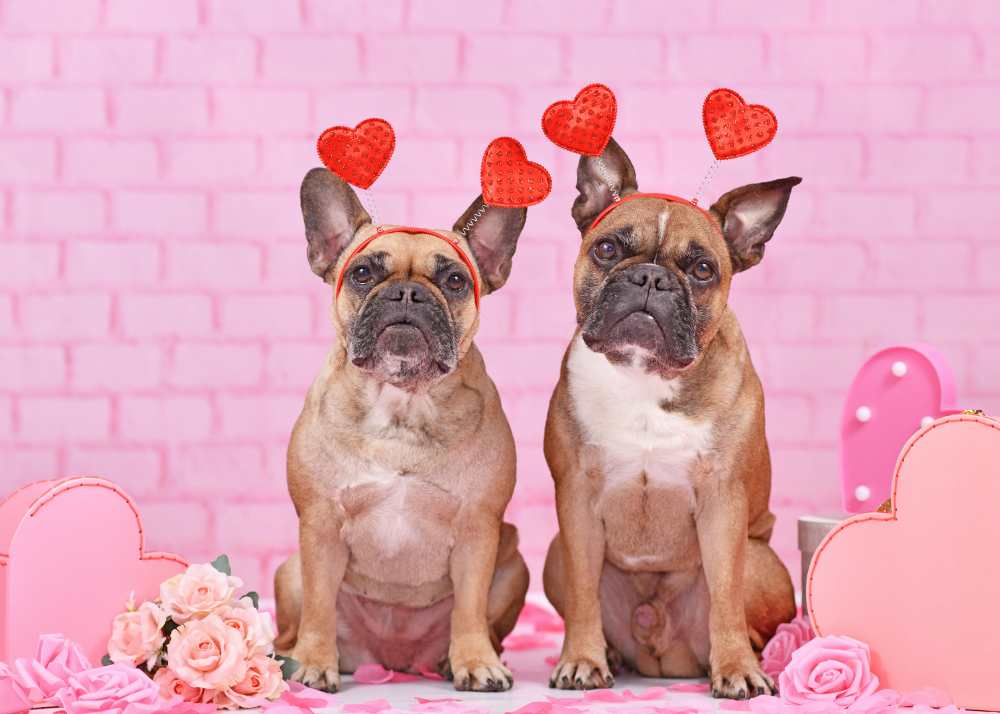 2 French Bulldogs seated wearing heart headbands in a Valentine's Day scene
