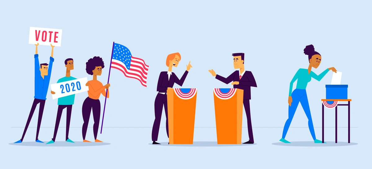 llustration of a diverse group of people engaged in a political campaign, holding signs and an American flag, with candidates debating at podiums and a person casting a ballot, representing an election scene.