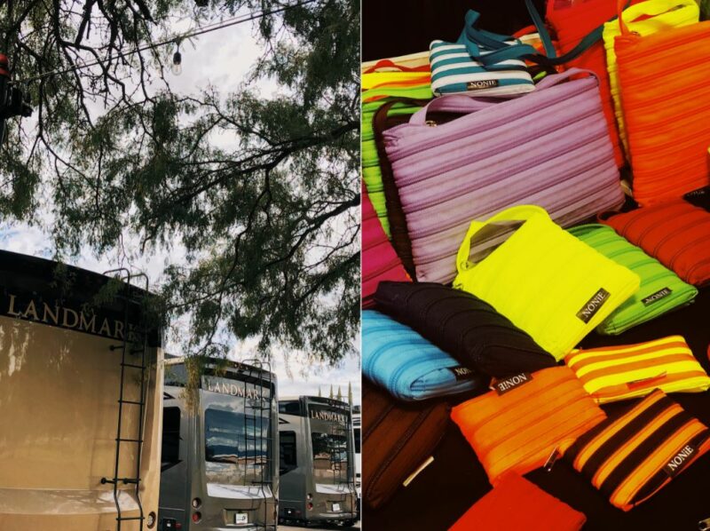 A collage of several bags and a truck