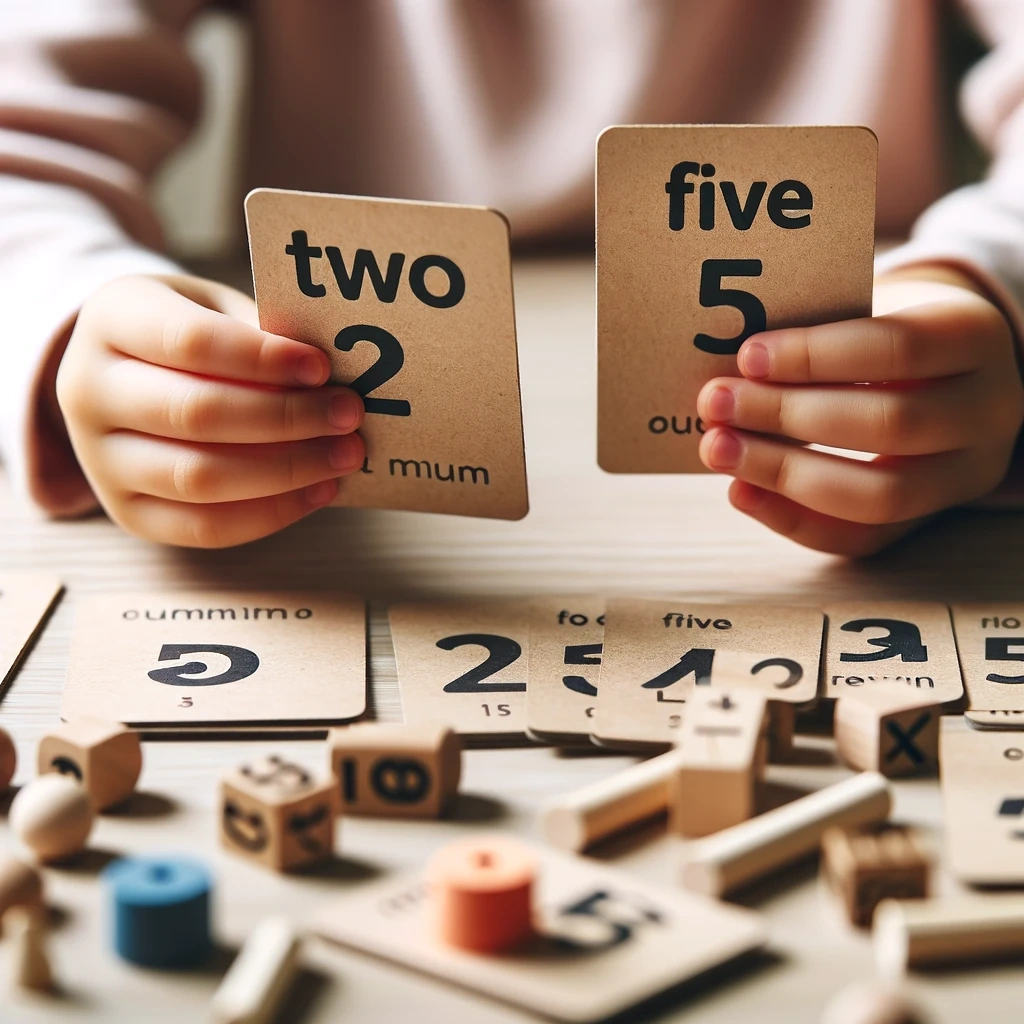 DALL·E 2024-01-31 19.56.32 - An image showing a child comparing number words written on cards, such as -two- and -five-, with the actual quantities represented by groups of object.webp